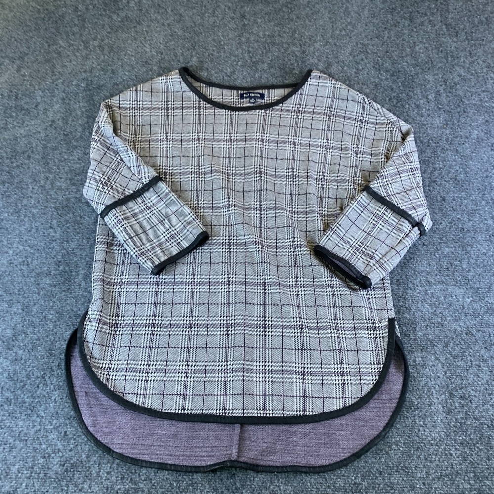 Max Edition Tunic Top Womens XL Gray Plaid Stretch High Low Hem Long Sleeve